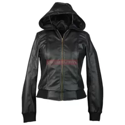 Women Black Hooded Motorcycle Leather Jacket