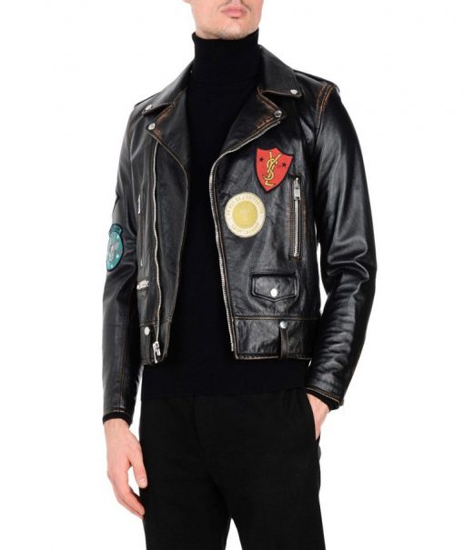 Men Biker Logo Leather Jacket