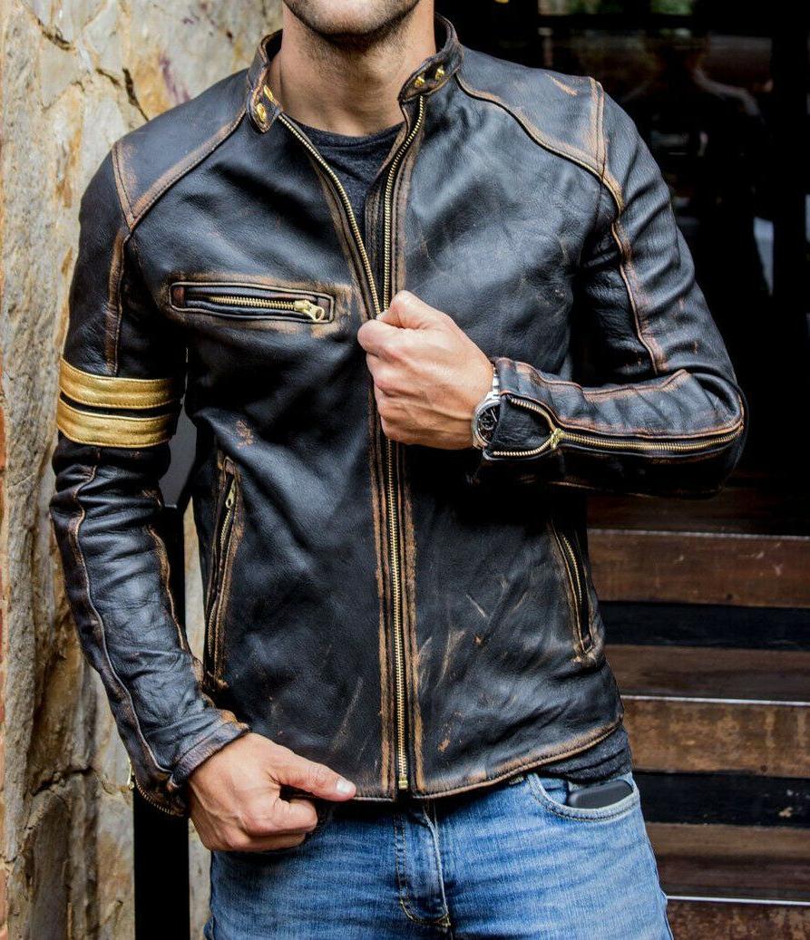 Mens Black Biker Vintage Distressed Motorcycle Cafe Racer Real Leather Jacket 
