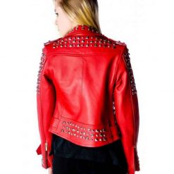 Women Red Belted Silver Studded Leather Jacket 1