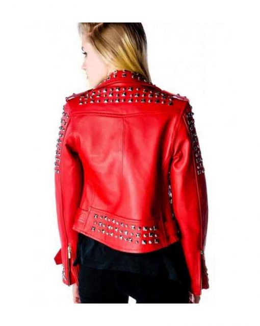 Women Red Belted Silver Studded Leather Jacket 1