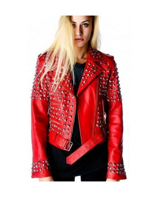 Women Red Belted Silver Studded Leather Jacket