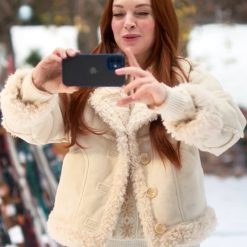 Falling For Christmas 2022 Lindsay Lohan White Shearling Jacket