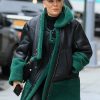 Jessie J Dons Green Shearling Black Leather Jacket