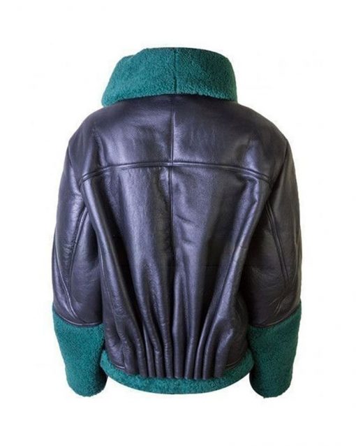 Jessie J Dons Green Shearling Black Leather Jacket 1