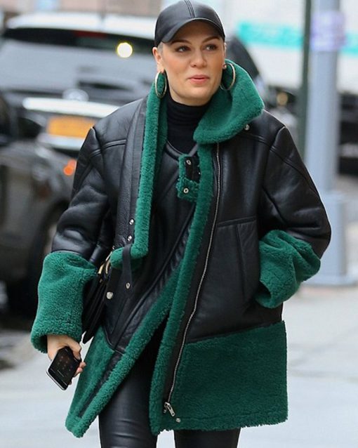 Jessie J Dons Green Shearling Black Leather Jacket