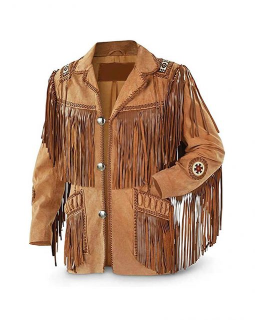 Men Cowboy Western Suede Beaded Leather Jacket