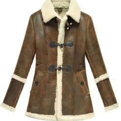 Women Winter Fur Lined Sheepskin Brown Jacket