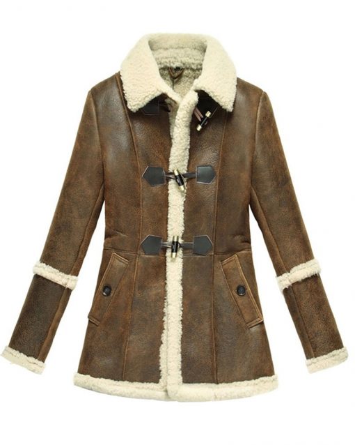 Women Winter Fur Lined Sheepskin Brown Jacket