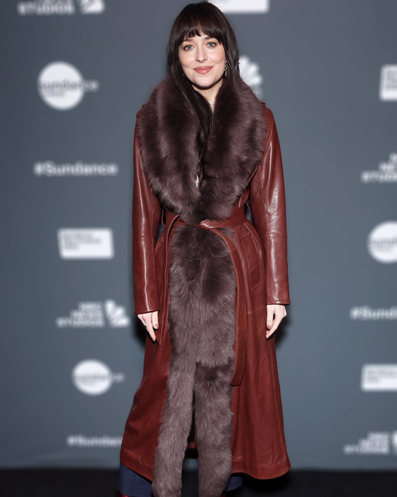 Dakota Johnson in black fur collar coat with brown Louis Vuitton