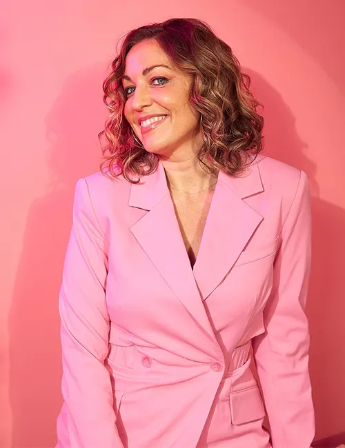 Director Molly McGlynn Fitting In 2024 Movie Premier Pink Double Breasted Blazer Coat